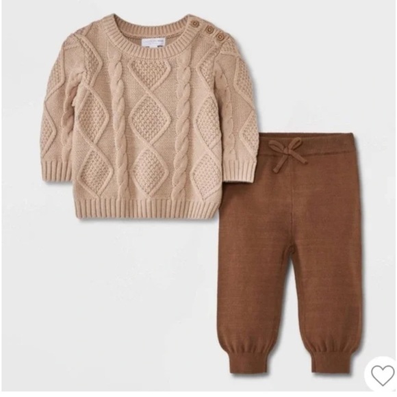 Grayson Mini Cable Knit Sweater and Pants Set in Beige and Brown-12 month - Picture 1 of 4